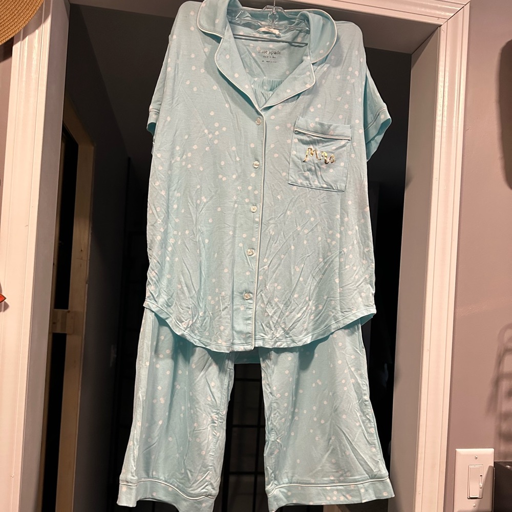 NWT Kate Spade “Mrs” blue with white polka dot two piece set of pjs